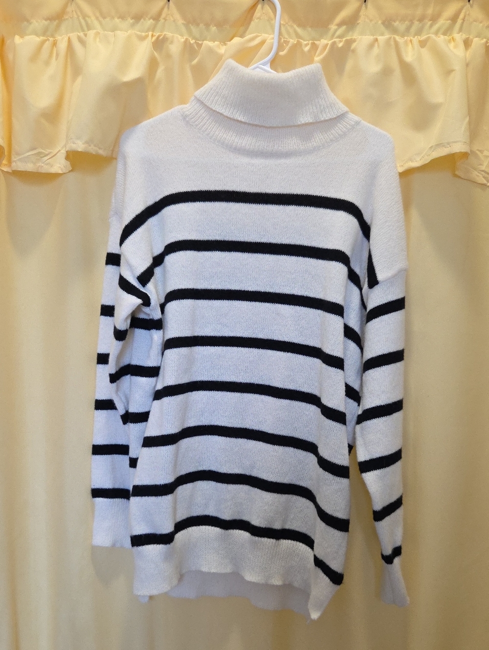 SHEIN White and Black Striped Cowl Turtleneck Sweater